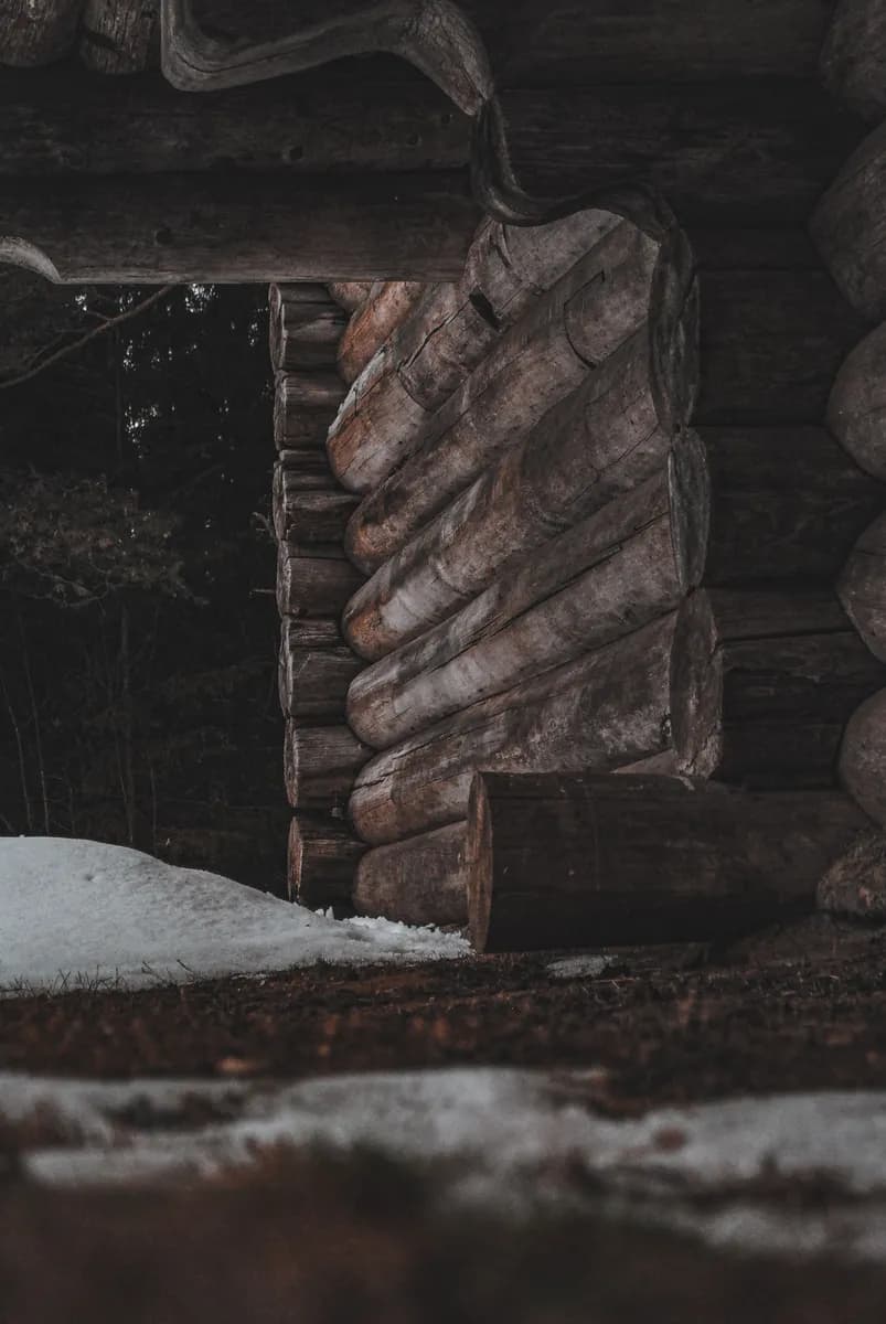 Imagen de ejemplo de BookNoFees: Entrada nevada de una cabaña de troncos redondos oscuros