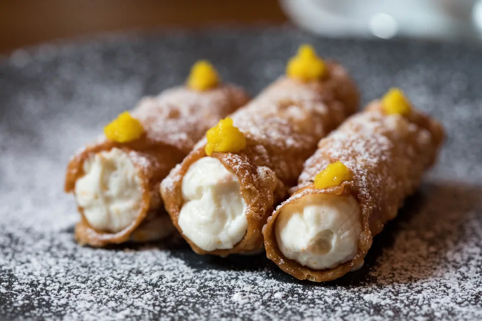 BookNoFees: Foto de ejemplo: Cannoli con relleno cremoso y espolvoreado con azúcar glas