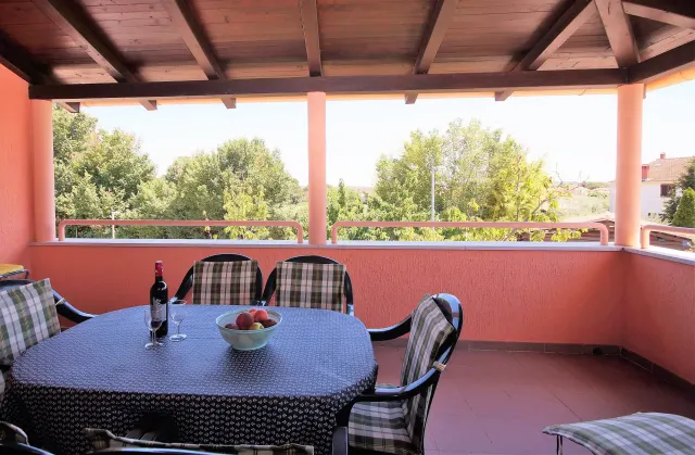 BookNoFees: alquiler vacacional en Fažana Valbandon, Condado de Istria, Croacia – Terraza cubierta con mesa de comedor, sillas y vistas al árbol