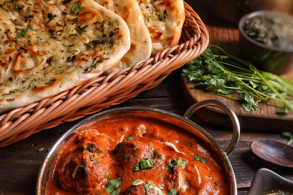 BookNoFees: Foto de ejemplo: Curry servido con naan de ajo